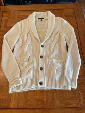 Twentyone Men classic cream-colored cable knit shawl collar cardigan M